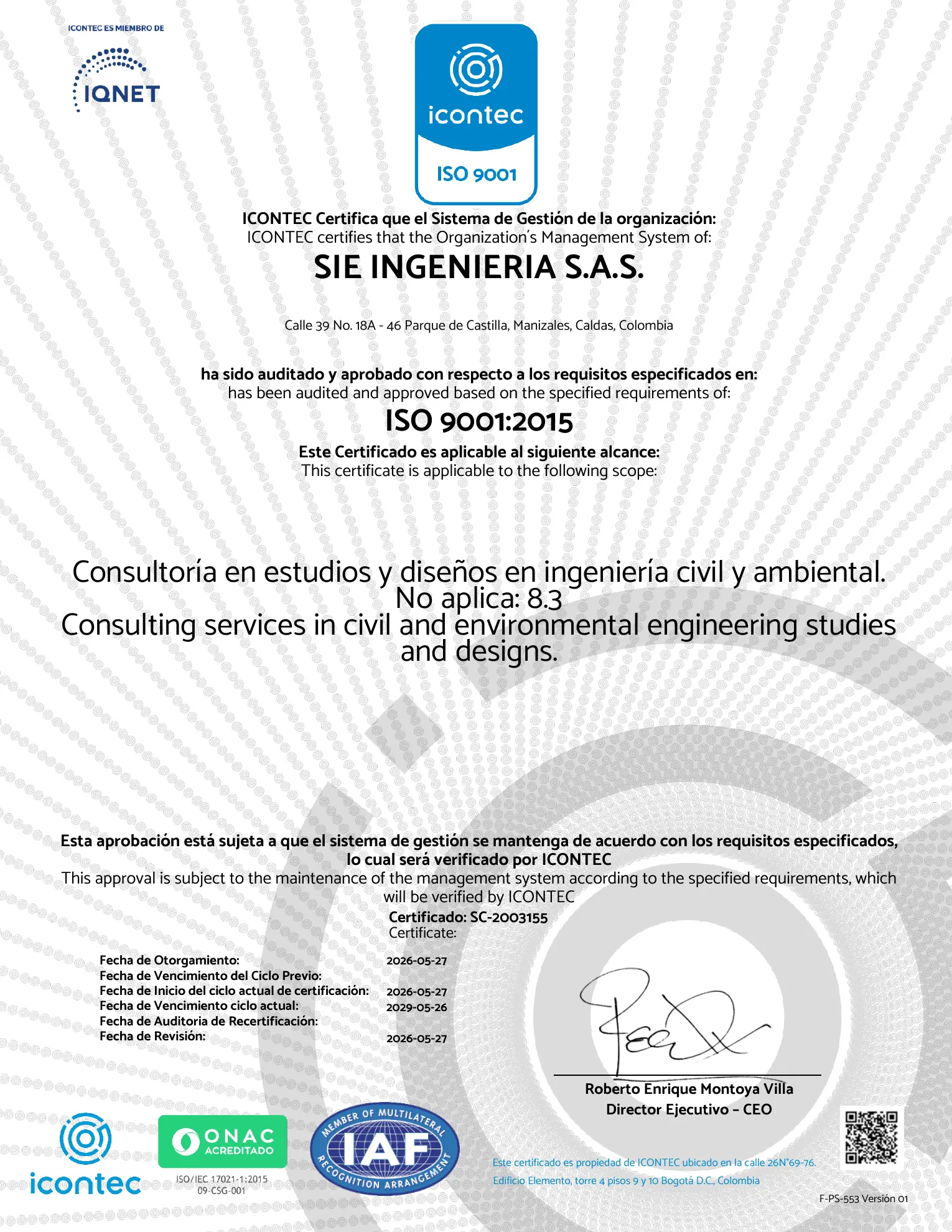 Primera página del certificado ICONTEC ISO 9001:2015 de SIÉ Ingeniería
